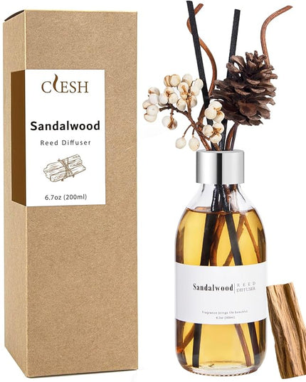 Clesh Reed Diffuser Set, 6.7 oz Sandalwood Scented Diffuser with Sticks, Home Fragrance Reed Diffuser for Bathroom Shelf Decor