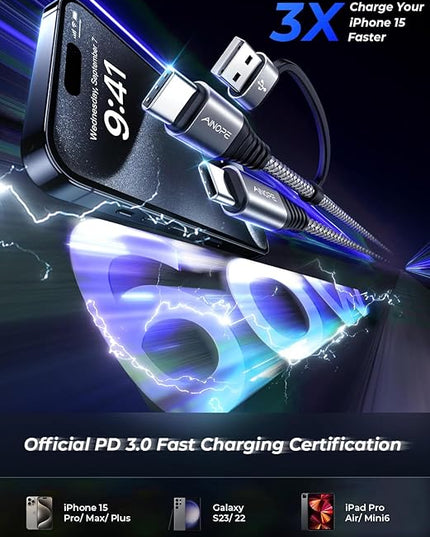 AINOPE USB C to USB C Cable, 2 Pack 6 FT USB C Cable Fast Charging with USB to USB C Adapter, 60W USB to USBC Cable for iPhone 17 Pro Max Air Type C Cable for iPhone 16/15/14/13/12, Black
