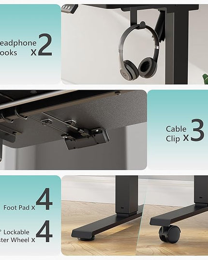 63 x 28 inch Electric Standing Desk Adjustable Height with 4 Wheels, 4 Memory Height Settings, 2 Headphone Hook, for Home Office, Splice Board Black