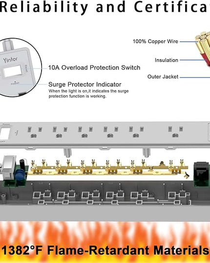 6Ft Power Strip Surge Protector - Yintar Extension Cord with 6 AC Outlets and 3 USB Ports for Home, Office, Dorm Essentials, 1680 Joules, ETL Listed, Grey