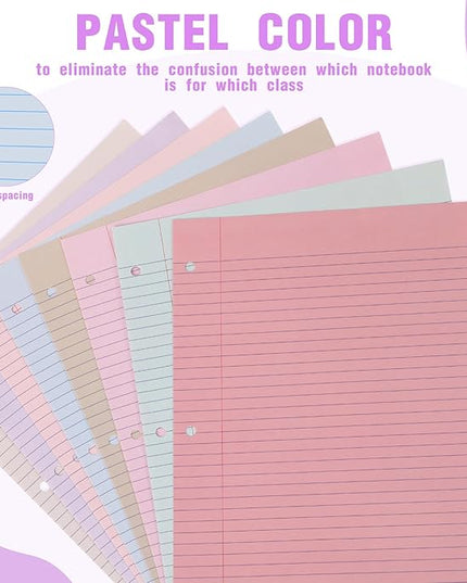 PerKoop 400 Sheets Colored Loose Leaf Paper 8.5" x 11" college ruled Lined 3 Hole Punched notebook Filler Paper for 3 Ring Binders Office School Supplies (Gentle Colors)