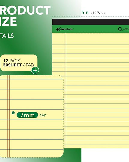 KAISA Yellow Legal Pads 12Pads Writing Pads Recycled Paper 5"x8" Norrow Ruled Lined Paper Small Legal pad Perforated 50 sheets/pad Notepads Writing Tablet Canary For Office Supplies (Canary 12pads)