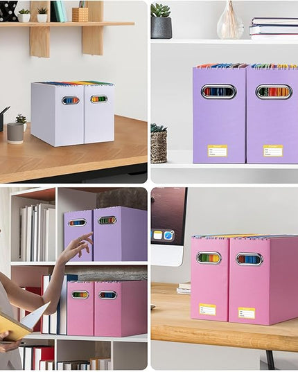 BALEINE File Organizer Box, Cardboard File Folder Organizer with Handle for Letter Size, Portable Collapsible Hanging Filing Box for Home Office Document Storage (2 Pack, Lavender)