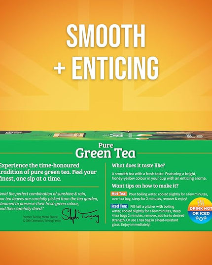 Twinings Pure Green Tea Individually Wrapped Bags, 100 Count (Pack of 1), Smooth & Refreshing, Caffeinated, Enjoy Hot or Iced, 100 Teabags
