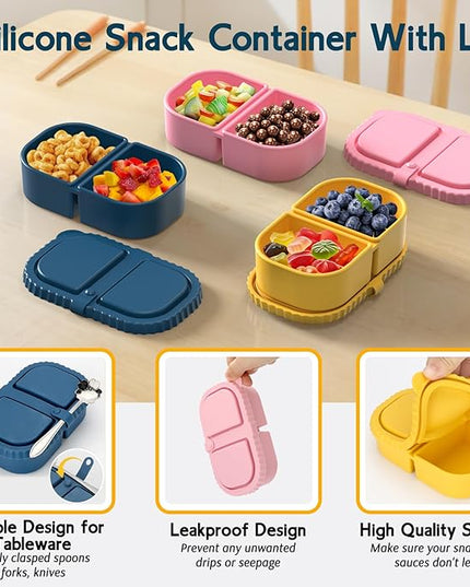3 Pack Reusable Silicone Snack Containers with Lids, Meal Prep Containers 2 Compartments, Portable Silicone Food Storage Box for Picnic, Lunch, Office (3)