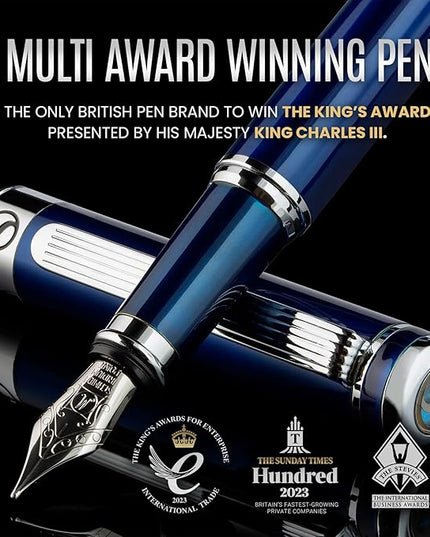 Scriveiner Personalized Midnight Blue Fountain Pen - Stunning Blue Lacquer Luxury Pen, Chrome Finish, German Schmidt Nib (Medium), Best Engraved Pen Gift Set for Men & Women, Name Engraving