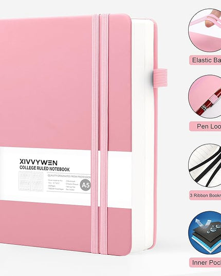 Lined Journal Notebook for Women Men, 352 Pages A5(5.7" x 8.3")College Ruled Hardcover Leather Journals for Writing, Daily Journal Notebooks for Work, Note Taking, Travel, School, Business (Pink)