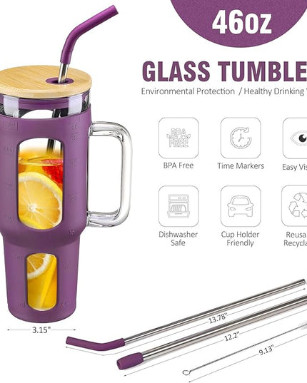 Glass Tumbler with Lid and Straw, 46 oz Iced Coffee Cup with Handle, Glass Water Bottles with Silicone Sleeve, BPA Free-Dark Purple