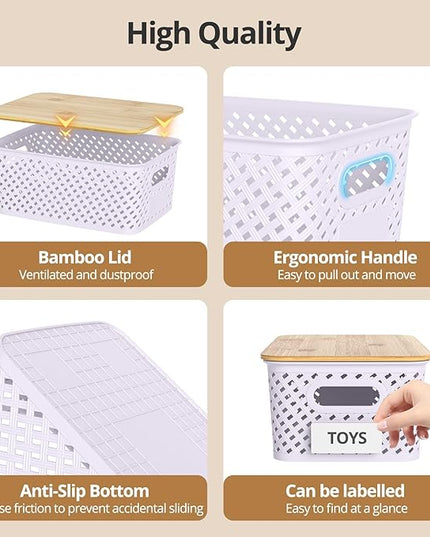 Plastic Storage Bins with Bamboo Lids, Stackable Small Box Baskets for Organizing and Containers for Shelves Drawers Desktop Closet Pantry Classroom Office Home, 6 Pack 10.2"x7.2"x4.1" Lavender