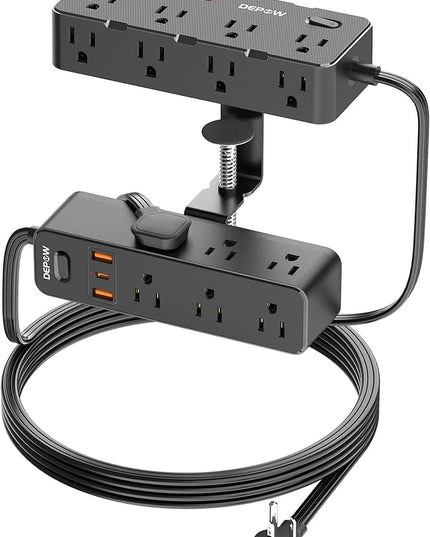Dual Layer Desk Clamp Power Strip & Surge Protector: 17 Outlets + 7 USB (3 USB-C) Charging Station, Space-Saving Under Desk Organizer with 10ft Extension Cord, 1700J Protection (Black)