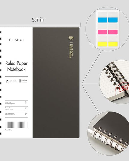 EMSHOI A5 Spiral Notebook College Ruled Lined Journal, Small 5.7" X 8.22", 300 Pages/150 Sheets, 100gsm Thick Paper, Waterproof Hardcover, for Office School Women Men Work Writing Notes, Coffee