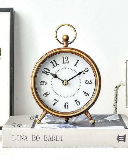 MACVAD EMAX Home Vintage Small Table Clock on Stand,Desk and Shelf Clock Decorative Farmhouse Mantel Non-Ticking Clock Rustic Metal Frame with Antique Gold Finish 9.3 Inch…