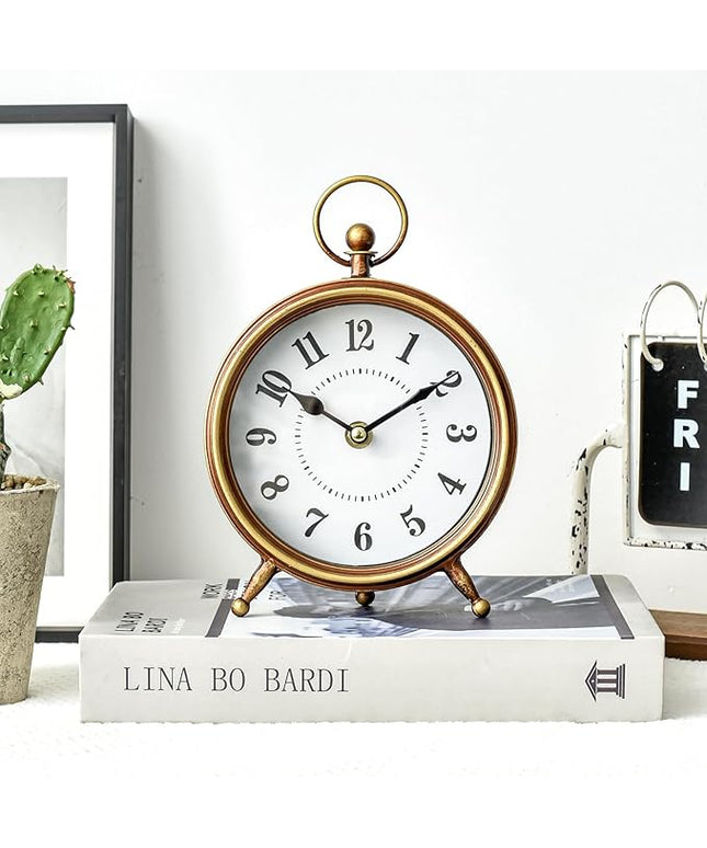 MACVAD EMAX Home Vintage Small Table Clock on Stand,Desk and Shelf Clock Decorative Farmhouse Mantel Non-Ticking Clock Rustic Metal Frame with Antique Gold Finish 9.3 Inch…