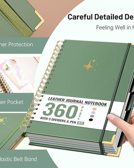 FLYING EAGLE Leather Spiral Notebooks for Work 5 Subject Notebook College Ruled with Dividers Pen, 360 Pages B5 Hardcover Lined Journals for Women Men Writing,Green
