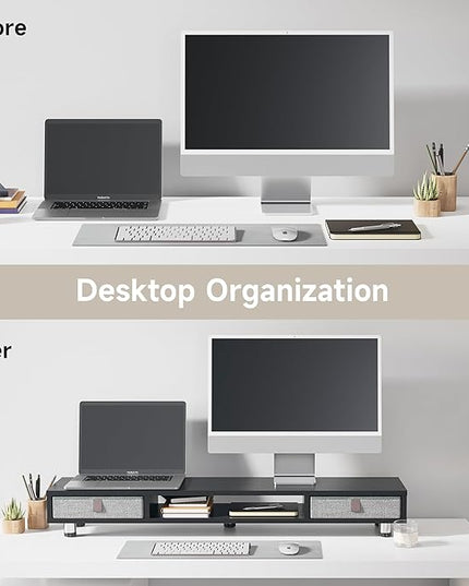 Fenge Dual Monitor Stand with 2 Drawers, 42.5 Inches Large Computer Riser for Desk, Adjustable Height Desk Shelf with Storage for Laptop, PC, TV, Printer
