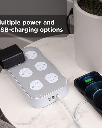 GE 12-Outlet Surge Protector with 6ft Braided Cord, Power Strip, Extension Cord, Flat Plug, 2 USB-A & 1 USB-C Port, 2100 Joules, for Home School & Office, Charging Station, White, 84214