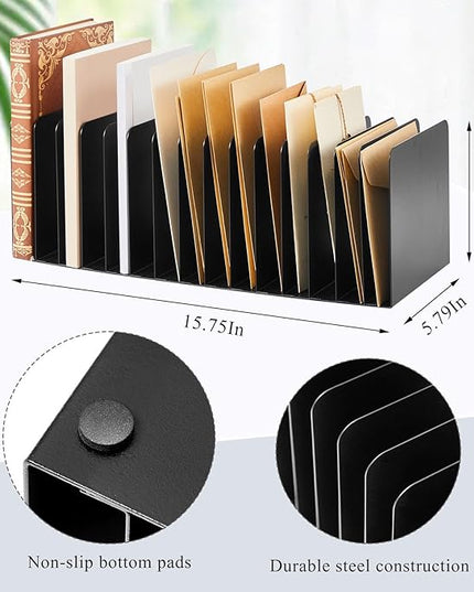 Suzile Metal Desktop File Organizer, 15 Compartments, Vertical File Sorter, Black, 5.79" W x 15.75" L x 5.41" H, Office, Reception Areas, Workspace