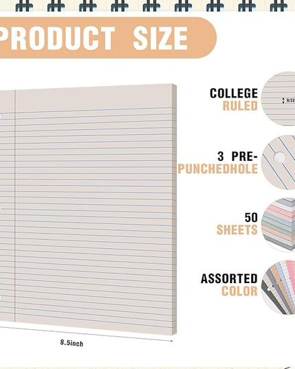 PerKoop 600 Sheets Colored Loose Leaf Paper 8.5" x 11" college ruled Lined 3 Hole Punched notebook Filler Paper for 3 Ring Binders Office School Supplies (Modern Colors)