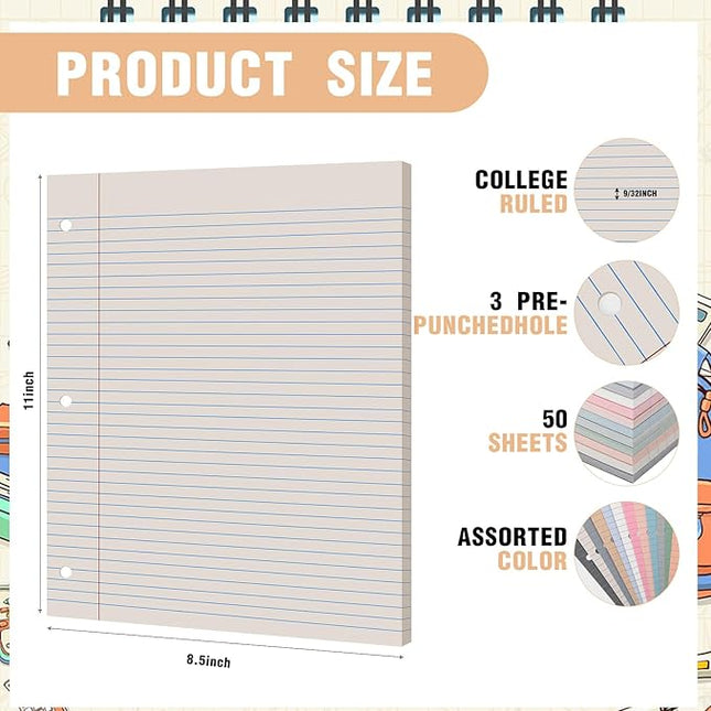 PerKoop 600 Sheets Colored Loose Leaf Paper 8.5" x 11" college ruled Lined 3 Hole Punched notebook Filler Paper for 3 Ring Binders Office School Supplies (Modern Colors)