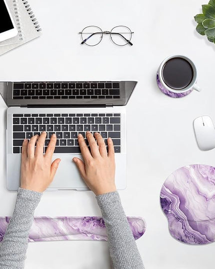 Britimes Purple Marble Gold Ergonomic Mouse Pad Set with Wrist Rest Non-Slip Rubber Base Wrist Cushion Support and Coasters Mousepad with Wrist Support for Computer Keyboard and Desk