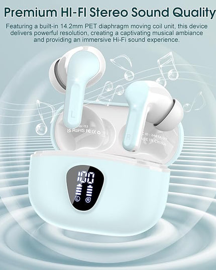 Wireless Earbuds, Bluetooth 5.4 Headphones HiFi Stereo, Bluetooth Earbuds with ENC Noise Cancelling Mic, IP7 Waterproof in Ear Earphones, 48H, LED Display Ear buds for Pad Workout Sports, Azure