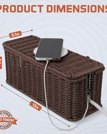 Cable Management Box, Handmade Rattan Cable Organizer, 2 Open Slots Cords Hider Box, Under Desk Cord Organizer for Computer Router USB Hub & Power Strip, Patent Pending, 13" x 5.1" x 5.1", Brown