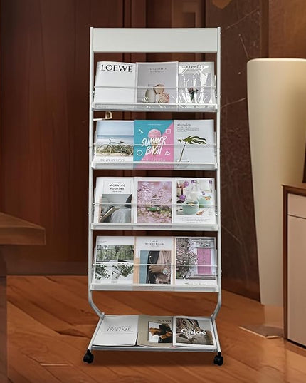 tongmo Floor-Standing Magazine Rack 4-Layer with Wheels, Brochure Display Stand, High-hardness metal for Exhibitions, Office, and Any Organization Requiring Information Display (White)