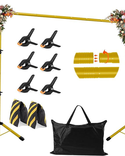 JSungo Backdrop Stand, Adjustable 10x7.5 FT Background Stand Backdrop for Parties, Photo Video Studio, Portable Photography Backdrop Stand with Carrying Bag, 6 Backdrop Clamps, and 2 Stand Bags, Gold