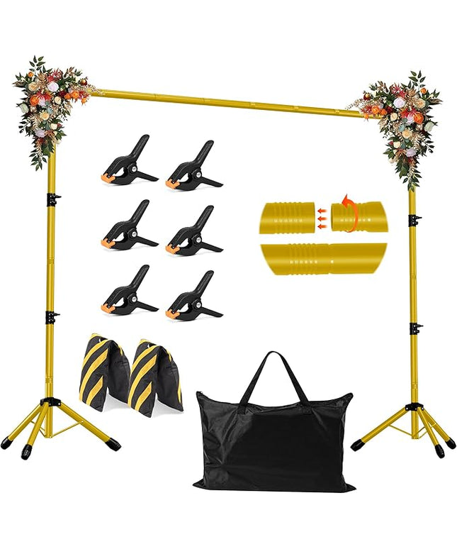 JSungo Backdrop Stand, Adjustable 10x7.5 FT Background Stand Backdrop for Parties, Photo Video Studio, Portable Photography Backdrop Stand with Carrying Bag, 6 Backdrop Clamps, and 2 Stand Bags, Gold