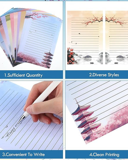 Outus 215 Pcs Japanese Stationary Set Including 70 Japanese Ink Painting Writing Papers 70 Envelopes 75 Round Stickers Watercolor Writing Stationery Paper for Invitations Office School Mail Supplies