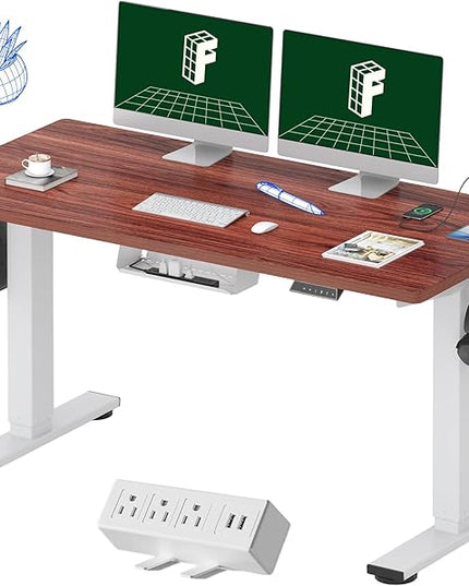 FLEXISPOT EN2 Whole-Piece Standing Desk with Clamp Power Strip, 55 x 28 Electric Stand Up Height Adjustable Desk with Cable Management (White Frame + 55" Mahogany Top, 2 Packages)