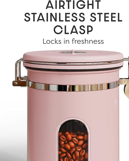 Veken Coffee Canister with Window, Airtight Stainless Steel Kitchen Food Storage Container with Lids, Date Tracker and Scoop for Grounds Coffee, Beans, Tea, Flour, Cereal, Sugar Jars, 22OZ, Pink