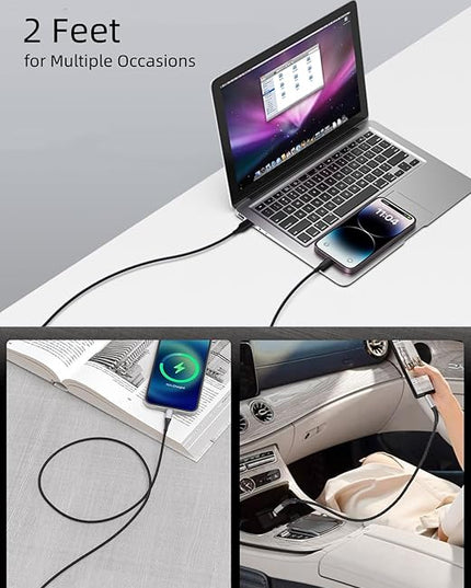2ft USB C to USB C Cable, 3 Pack Braided USB C to C Charging Cord 60W/3A Type C to Type C Cable Fast Charging Car Charger for iPhone 16 15 Pro Max, Samsung Galaxy S23 S22, Moto LG, Google Pixel, iPad