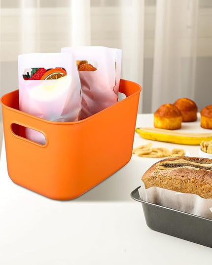 Hoolerry 8 Pieces Colorful Storage Bins with Lid, Plastic Storage Basket Organizing Container Stackable Box with Handle for Shelves Desktop Playroom Office(10.2 x 7 x 6.3 Inch,Orange)