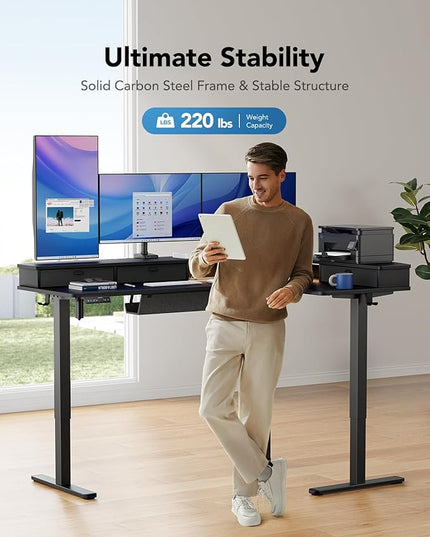 HUANUO 65″ L-Shaped Standing Desk with Power Outlets & LED Strip, Electric Height Adjustable Corner Computer Desk, Sit Stand Up Desk with 3 Drawers, Black
