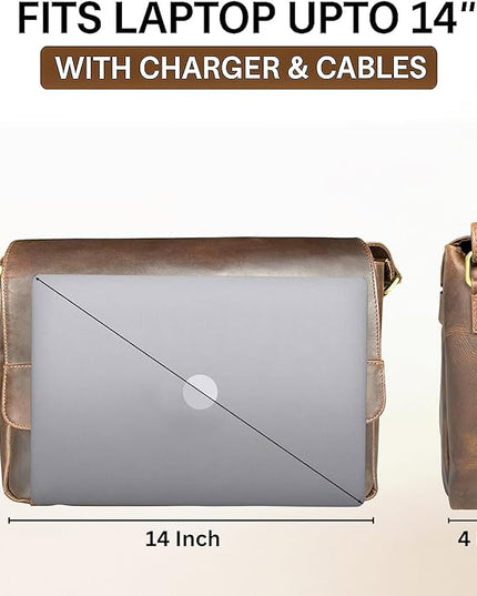 Leather Messenger Bag for Men 14" Leather Laptop Bag Vintage Crossbody Office Satchel Travel Shoulder Bag
