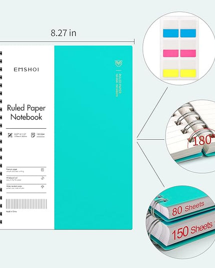 EMSHOI A4 Spiral Notebook College Ruled Lined Journal, 11.2" x 8.27", 300 Pages, 100gsm Thick Paper, Waterproof Softcover, Twin-Wire Binding, Sticky Notes, LightBlue