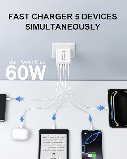 2Pack USB C Fast Charger Block,60W 5-Port USB Wall Charger Brick,2 USB A & 3 USB C PD3.0 Power Adapter Multiport Type C Charging Plug for iPhone 17/16/15/14,Pad Mini/Pro,AirPods 4,GalaxyS25(White)