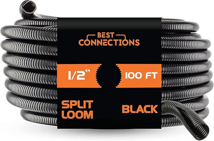 BEST CONNECTIONS Split Wire Loom Flex-Guard Convoluted Tubing Protective Split Cable Sleeves for Auto Home Industrial Electrical Wires Chemical Resistant Conduit Black (1/2" - 100ft)