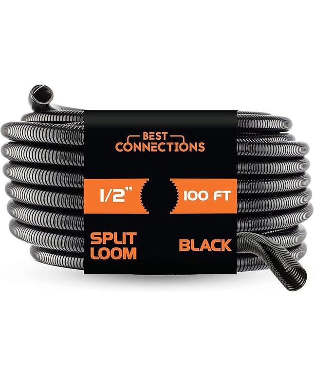 BEST CONNECTIONS Split Wire Loom Flex-Guard Convoluted Tubing Protective Split Cable Sleeves for Auto Home Industrial Electrical Wires Chemical Resistant Conduit Black (1/2" - 100ft)