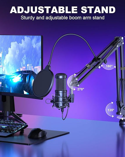 Aokeo USB Condenser Microphone, 192kHZ/24bit Professional PC Streaming Podcast Cardioid Microphone Kit with Boom Arm, Shock Mount, Pop Filter, for Recording, Gaming, YouTube,Meeting, Discord