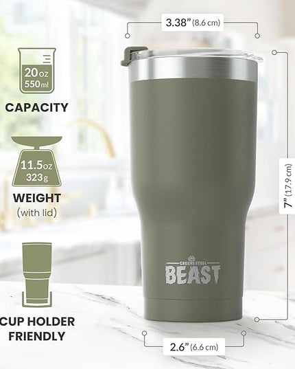 Beast 20 oz Tumbler Stainless Steel Vacuum Insulated Coffee Ice Cup Double Wall Travel Flask (Army Green)