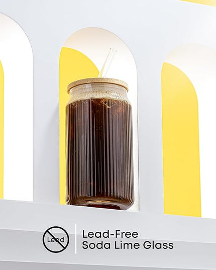 JoyJolt Fluted Glass Tumblers with Bamboo Lids and Glass Straws, Ribbed Can Shaped Drinking Glasses Set of 4, 16oz Cup with Lids and Straws, Iced Coffee Cups, Cocktail/Beer Glasses, Tea Cups