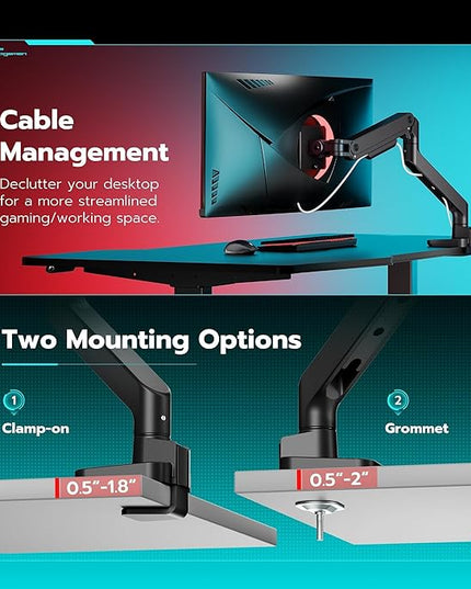 ARES WING Ultrawide Monitor Arm for 17 to 49 Inch Heavy Duty Curved Screen, Holds 44 Lbs, Adjustable Gas Spring Monitor Arm Desk Mount with C Clamp, Grommet Base, 75/100 Vesa Mount, Black