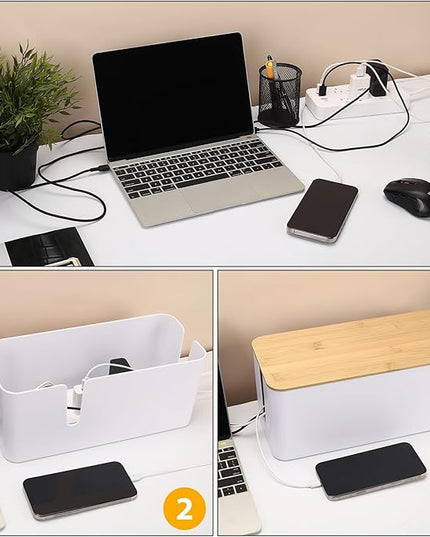 ZhiYo Bamboo Lid Cord Organizer Box, Safe ABS Cable Management Box for TV and Computer, Wood Cover Cord Hider to Hide Wires, Router, USB Hub & Under Desk Power Strip, 1 Pack L13.1 xW5.6 xH5.6 White