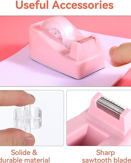 Pink Desk Accessories, Pink Office Supplies Set with Stapler, Tape Dispenser, Staple Remover, Pen Holder, Scissor, Binder/Paper Clips, Ballpoint Pen, Clear Tape and 1000pcs Staples