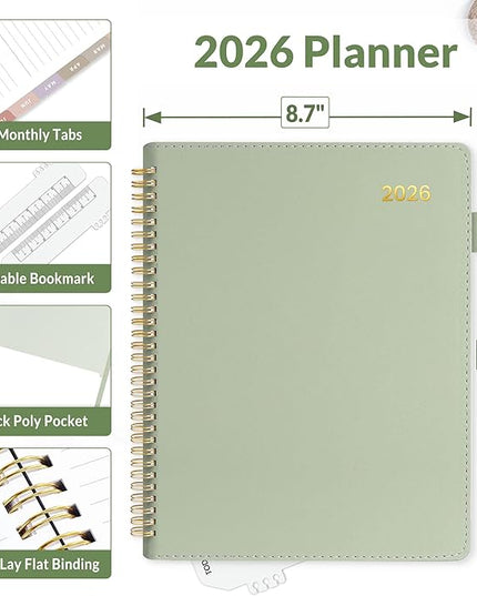 SUNEE 2026 Planner, Weekly and Monthly Calendar Planner 9"x11.2"- 12 Month (January 2026 - December 2026), Vegan Leather Cover, Pocket, Bookmark, Notes, Monthly Tab, Sage Green