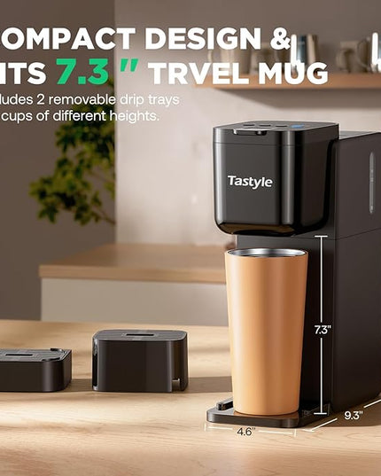 Single Serve Coffee Maker Hot and Iced with Bold Brew, Small Coffee Machine for K Cup and Ground, Fits 7.3'' Travel Mug, Brews up to 16 Oz, 5 Cup Sizes, for Office, RV& Hotel, Elegant Black