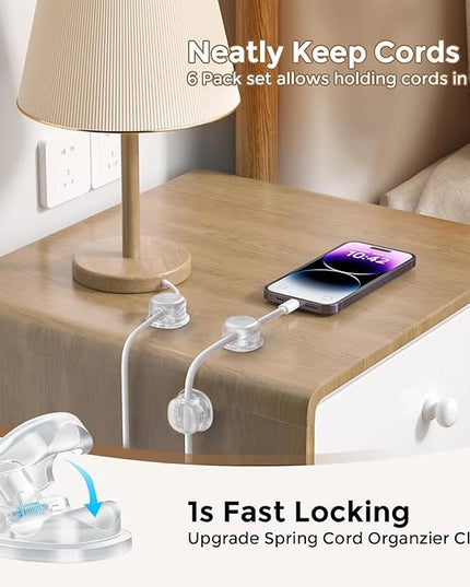 AhaStyle Spring Cable Organizer [1s Lock] 6 Pack Cord Cable Holders Clips Strong Adhesive Cable Cord Keeper [Smooth Adjustable] Hide Wire Cord Organizer for Nightstand Kitchen Car Office (Transparent)