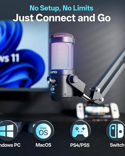 JARO USB Podcast Microphone with Boom Arm, Studio Condenser Mic with Real-Time Monitoring, Mute, Volume Control Ideal for Voice & Singing (Black)